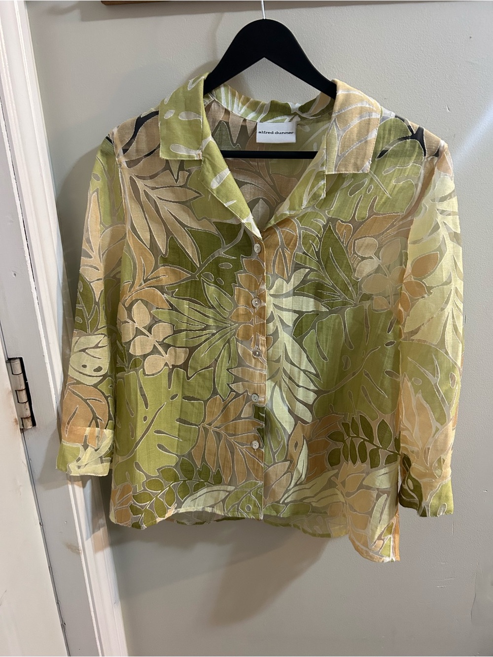 alfred dunner Green and Cream Leaf-Print Button Front Blouse
